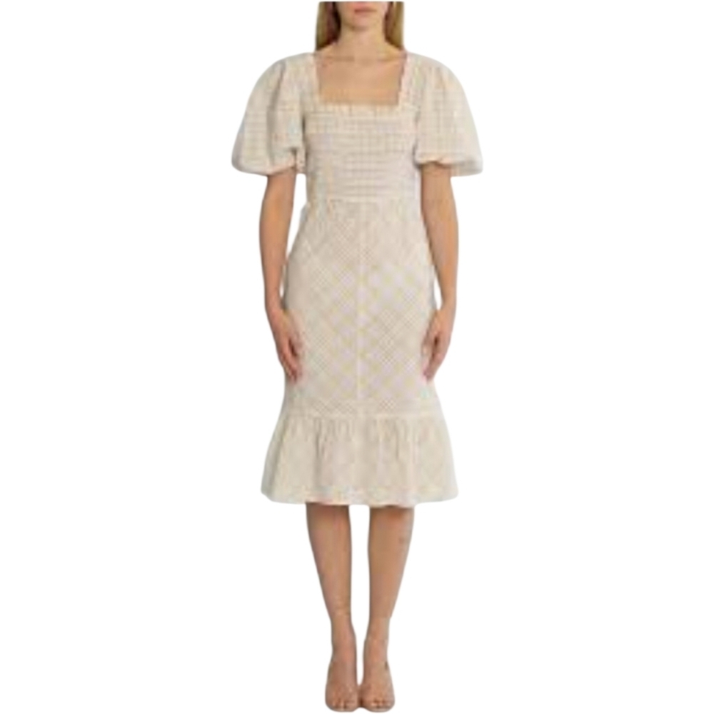 Ganni Checkered Seersucker Shirred Midi Dress